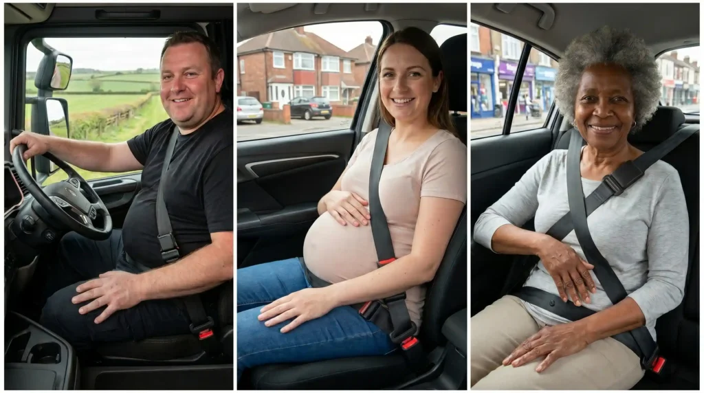 A truck driver, pregnant woman, and elderly British-African woman each wearing a seat belt extender comfortably in their vehicles across the UK