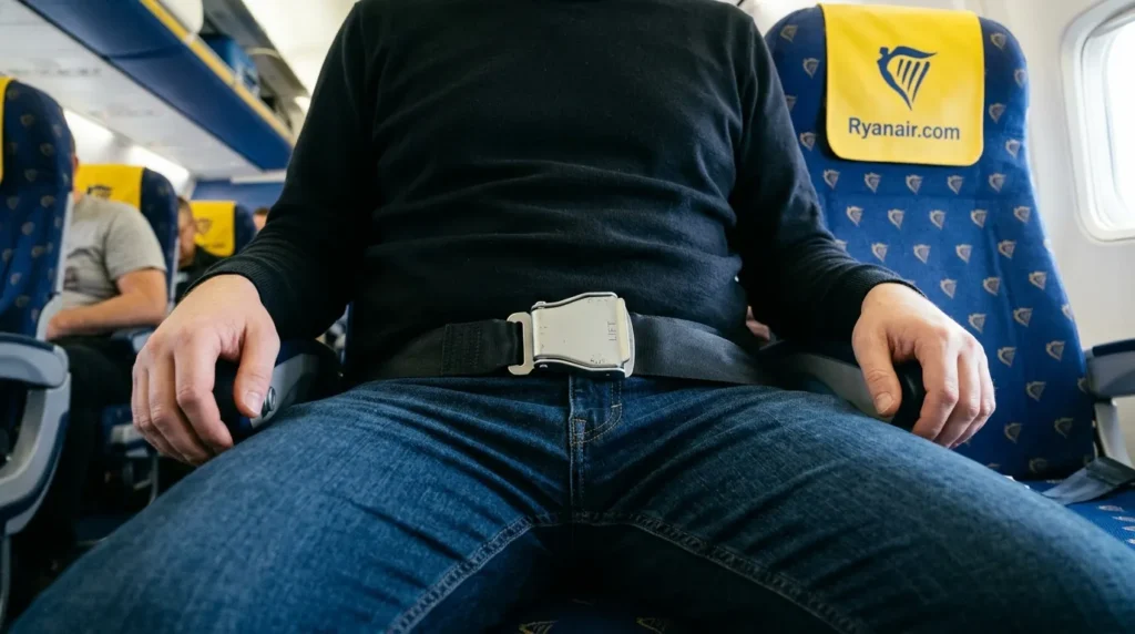 A standard two-point lap belt fastened across a passenger's hips on a Ryanair aircraft with distinctive blue seat fabric visible
