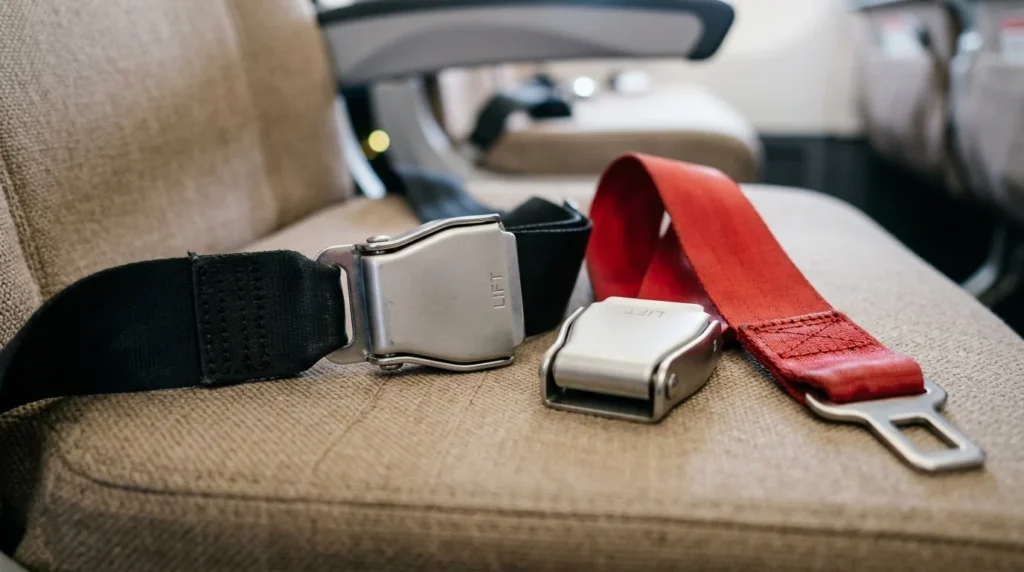 A close-up of a commercial aircraft seat belt buckle with push-button release next to an FAA-certified seat belt extender on an aircraft seat
