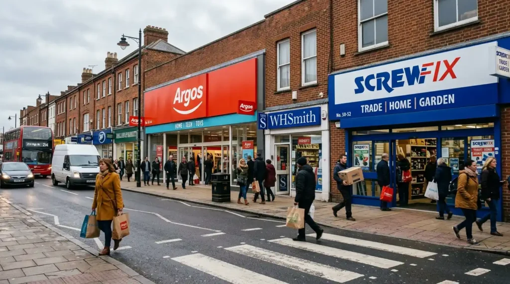 Argos and Screwfix storefronts on a UK high street, representing general retailers where specialist seat belt extenders may not be available