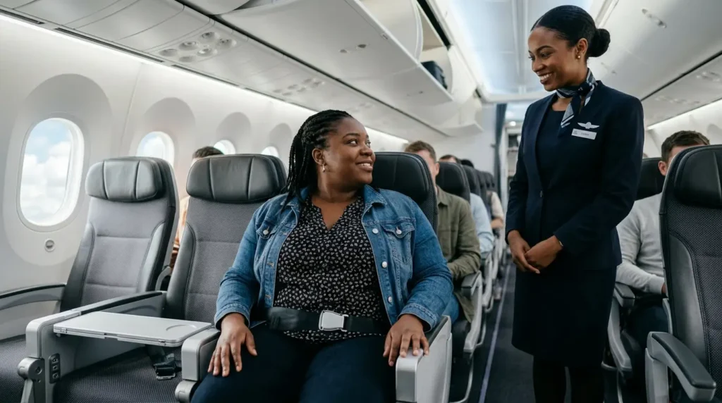 Plus-size Black British female passenger seated in a commercial aircraft receiving a seat belt extender from a smiling cabin crew member in the aisle