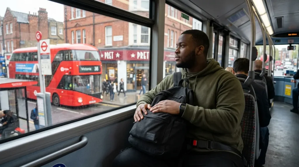 Plus-size young male student sitting relaxed in a London bus window seat with a seat belt extender securely connected, looking calmly out at the passing London streets