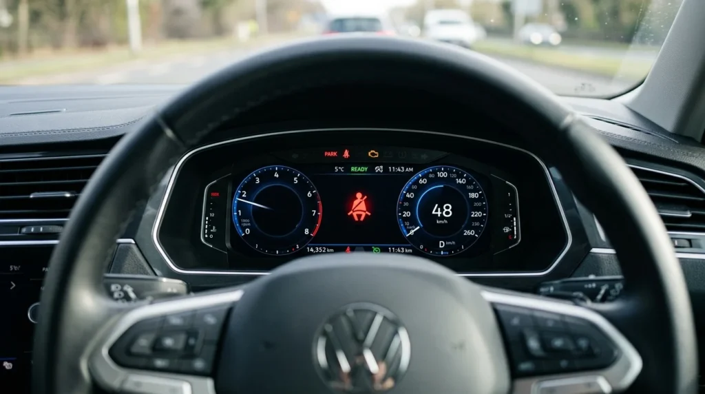 A close-up of a car dashboard showing a lit seat belt warning light on the instrument cluster