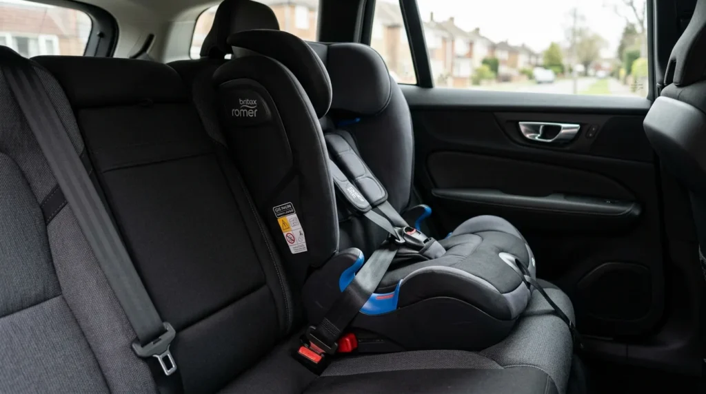 Child car seat installed on the rear seat of a UK car secured with the original factory seat belt pulled tight with zero slack and no seat belt extender present