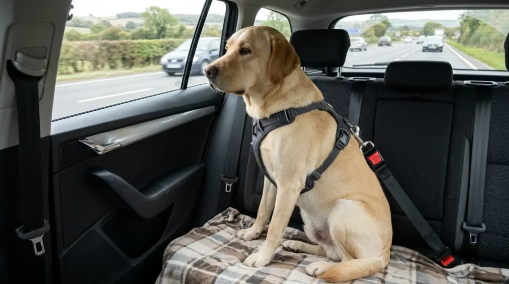 A large Labrador sitting comfortably in a UK car back seat wearing a dog harness connected to a red buckle seat belt extender clipped into the original car buckle