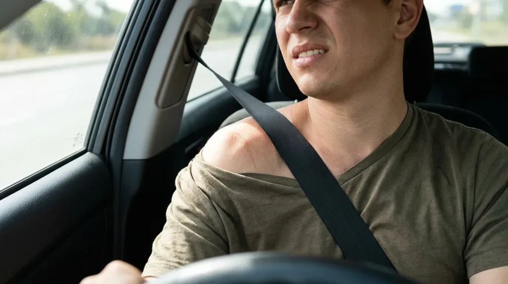 A driver sitting uncomfortably in a car with a standard seat belt pulled tightly across their body causing visible restriction and discomfort