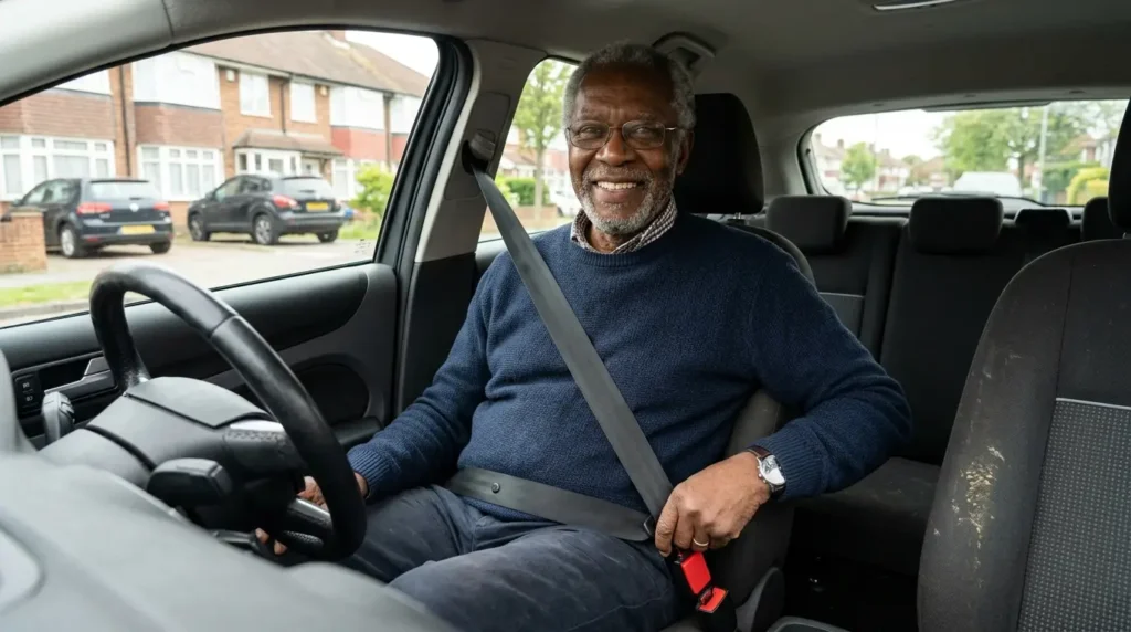 An elderly Black man sitting comfortably in a UK car passenger seat wearing a seat belt with an extender correctly fitted on his left hip