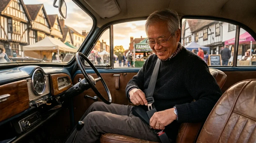 An elderly man using a rigid seat belt extender in a vintage car parked at a historic British market square