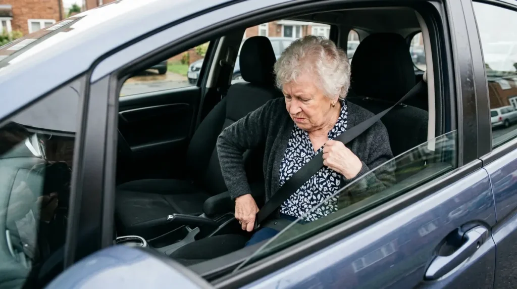 An elderly woman sitting in a UK car struggling to reach a deeply recessed seat belt buckle due to limited flexibility and reduced dexterity