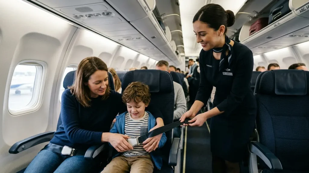 A flight attendant providing a seat belt extender to a parent assisting their child in fastening the seat belt in an airplane cabin.
