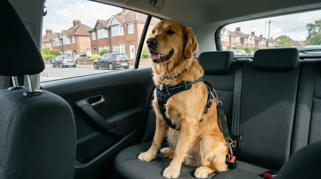 A golden retriever sitting calmly in the back seat of a UK car wearing a dog harness clipped into the seat belt, representing legal dog restraint on UK roads