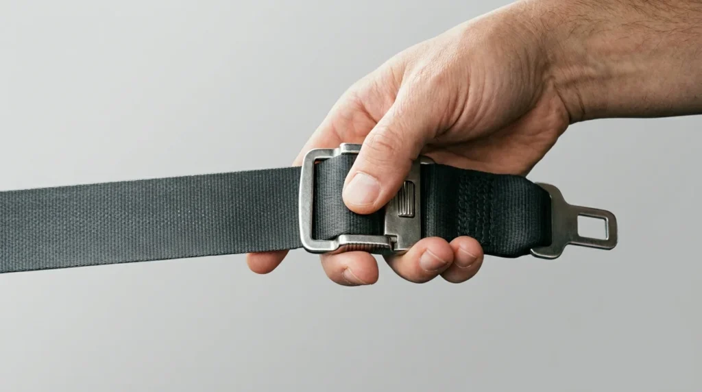 Close-up of a hand adjusting the sliding mechanism on a 30-80cm adjustable seat belt extender with the metal buckle and dark grey webbing in sharp focus