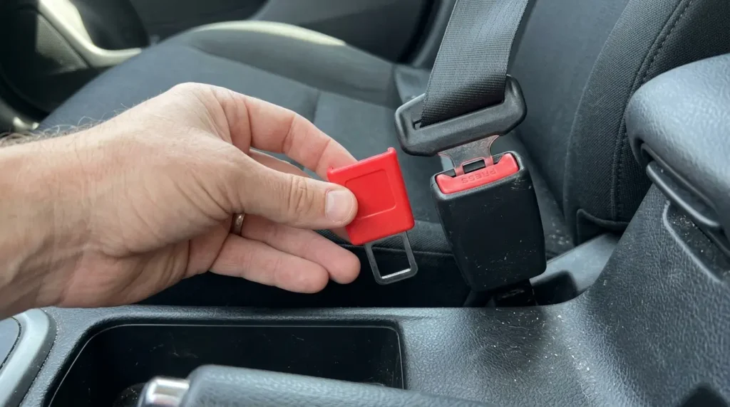 A hand holding a red plastic dummy buckle clip next to a real car seat belt buckle, representing unsafe methods used to silence seat belt alarms