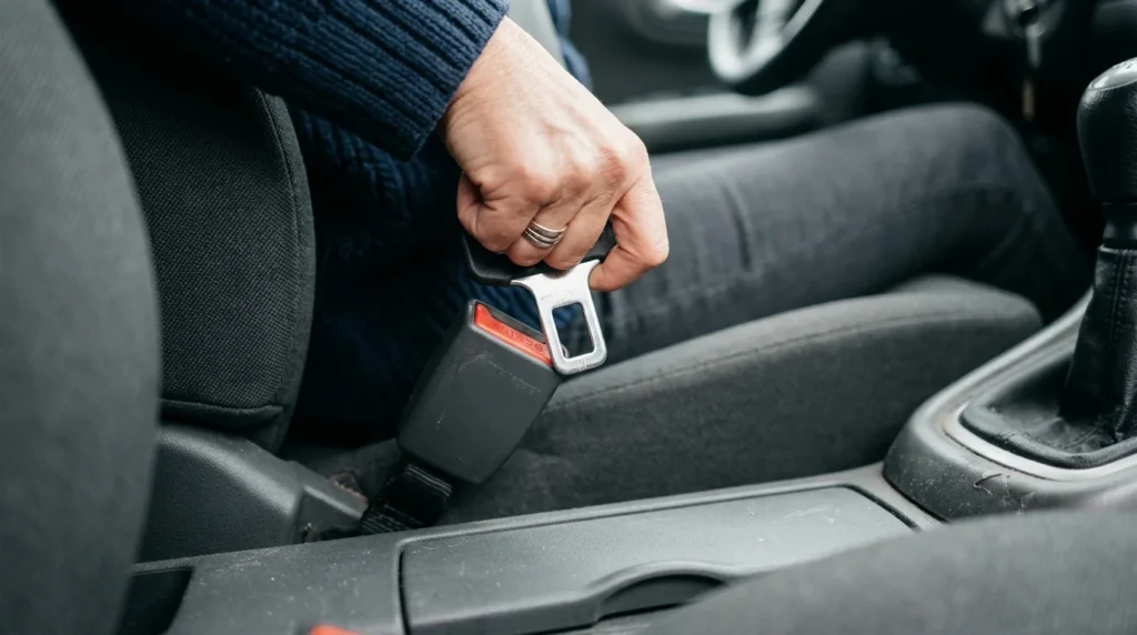 A hand attempting to insert an incompatible seat belt tongue into a car buckle that does not fit, showing the danger of wrong compatibility