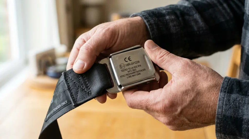 Close-up of hands inspecting the underside of a seat belt extender buckle showing certification markings that confirm the product meets ECE R16 and ISO 9001 safety standards