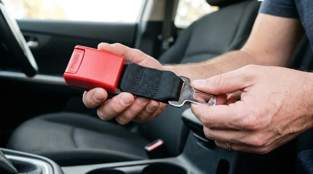 A person carefully inspecting a seat belt extender with a red buckle for signs of wear or damage before fitting it in a car
