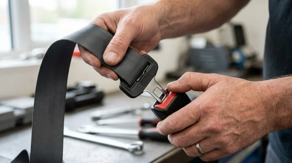 Close-up of hands inspecting a seat belt extender before an MOT, testing the buckle release action and checking the webbing for signs of wear or damage