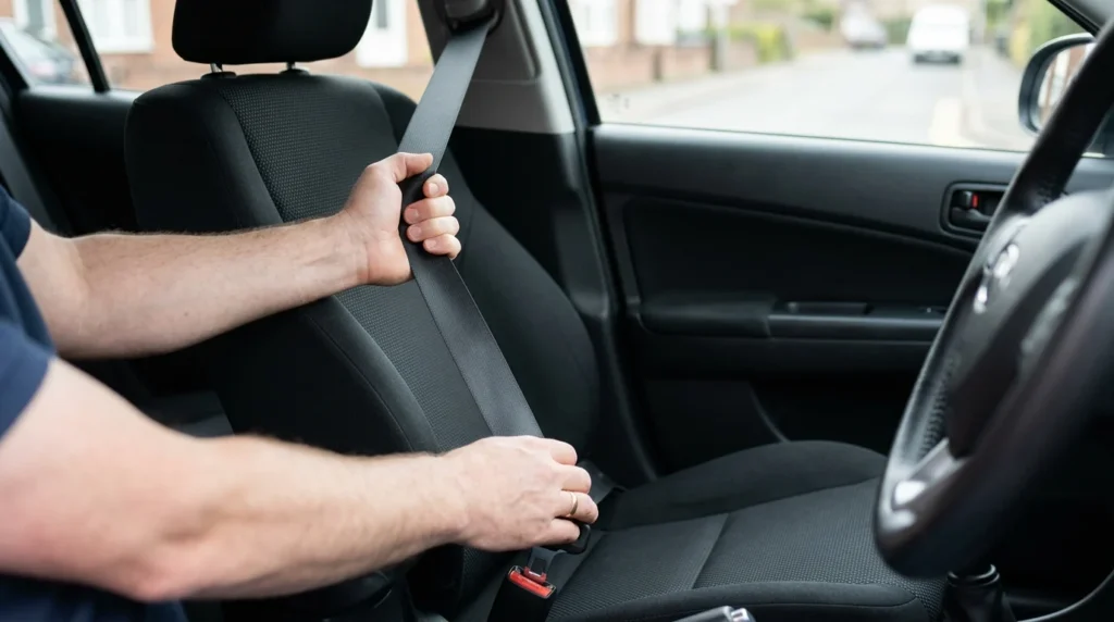 Close-up of hands inside a UK car inspecting a seat belt extender, testing the buckle release action and checking the webbing for signs of wear before a journey