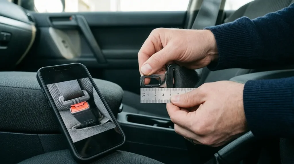 A person measuring the width of a car seat belt tongue with a ruler to check compatibility before buying a seat belt extender