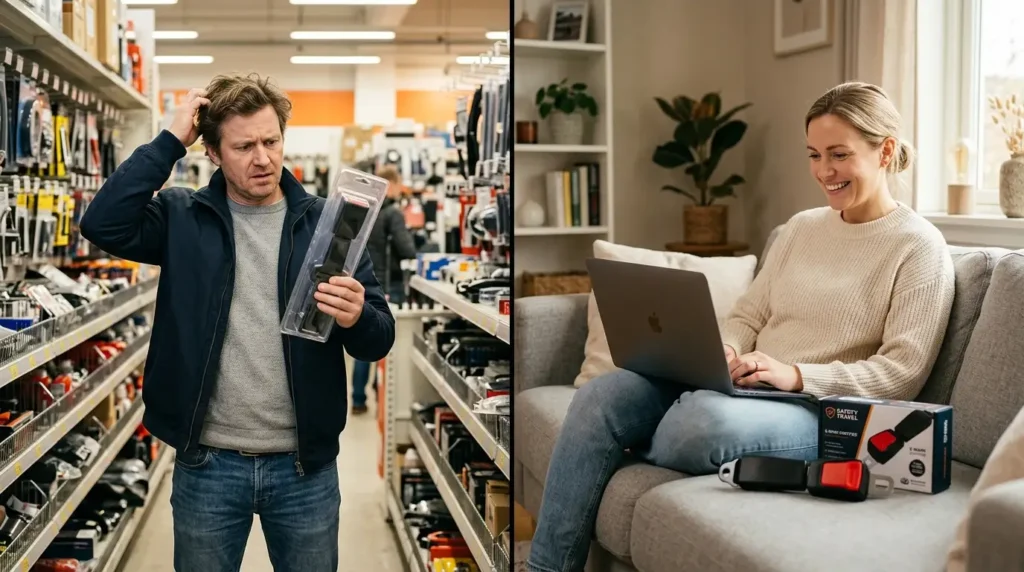 A split image contrasting a confused shopper in a general retail store with a satisfied customer buying a seat belt extender online from a specialist retailer