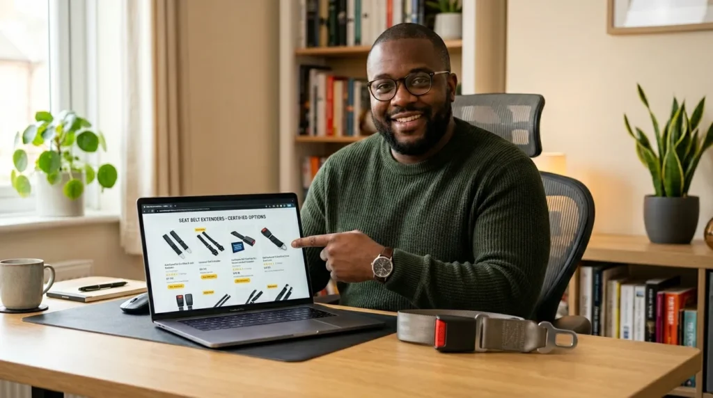 Plus-size Black British man sitting at a desk pointing at a laptop screen showing a specialist seat belt extender product page with a seat belt extender placed on the desk beside them