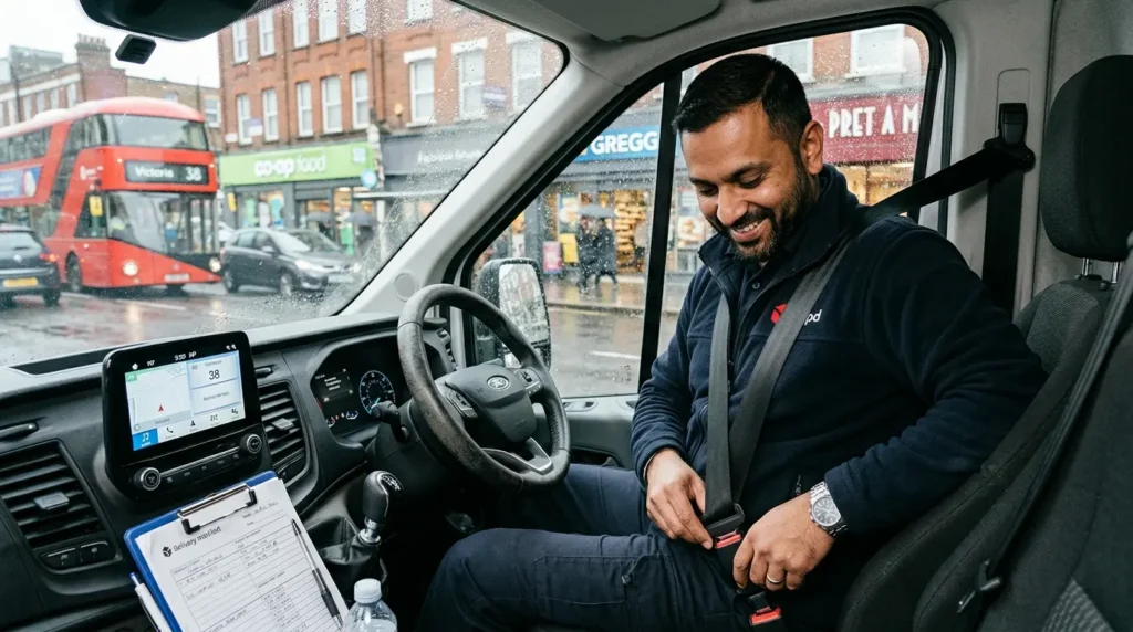 A British driver checking a robust seat belt extender inside a commercial van parked on a rainy London high street