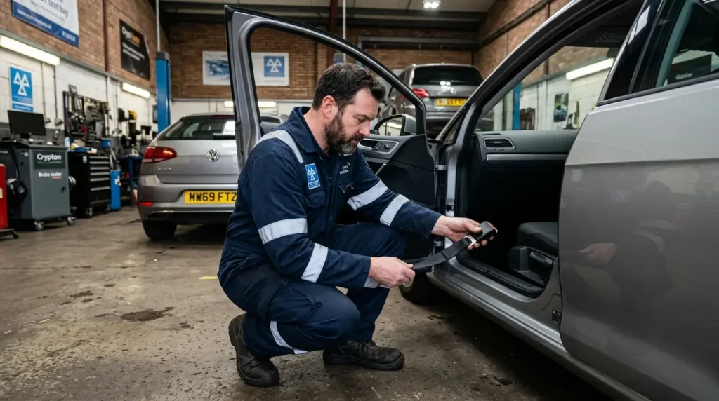 Uniformed MOT tester crouching beside a car in a UK testing bay inspecting a seat belt extender buckle connection point with focused expression
