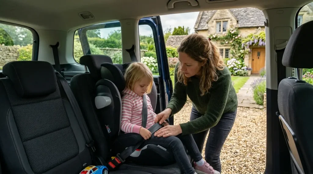 A mother performing a safety check on a child's booster seat harness in a family MPV outside a traditional country cottage