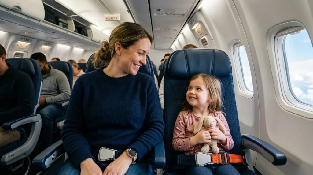 A parent and child seated together in an airplane cabin, with the child using an airline-issued seat belt extender.