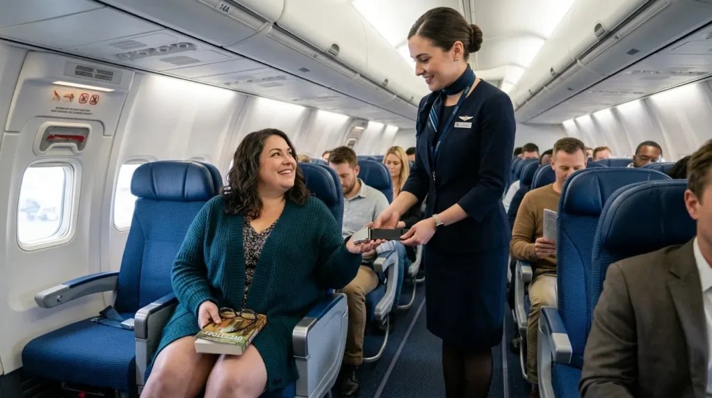 A flight attendant discreetly handing a seat belt extender to a plus-size female passenger seated in a commercial aircraft cabin