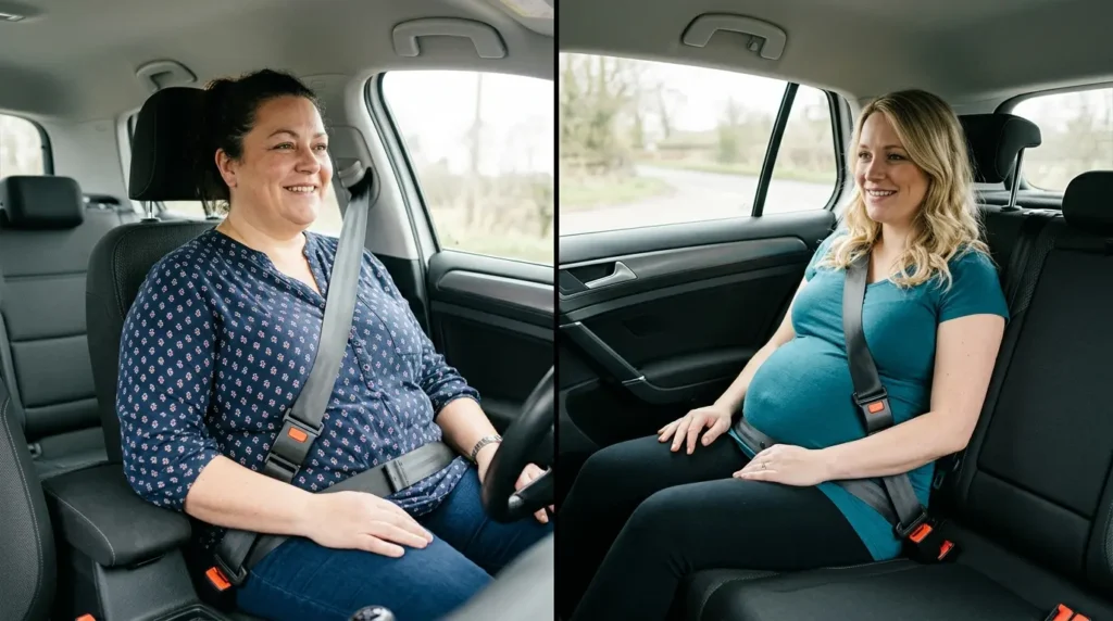 Plus-size passenger in the front seat and pregnant woman in the rear seat of a UK car both using an adjustable seat belt extender worn correctly across the body