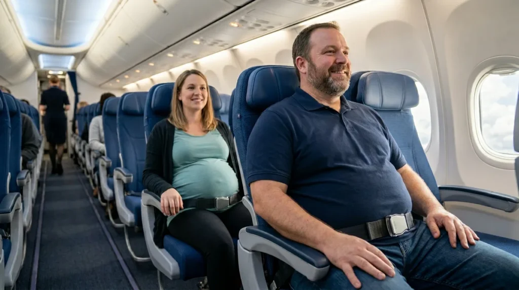 Plus-size male passenger and pregnant female passenger seated in a commercial aircraft cabin both using airline-provided seat belt extenders worn correctly across the lap