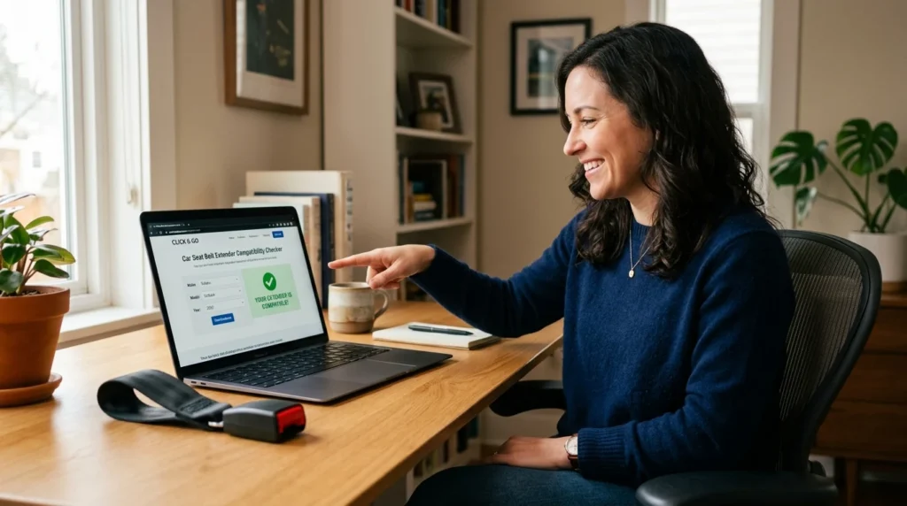 A person checking Nissan Qashqai seat belt extender compatibility on a laptop with an extender placed on the desk beside them
