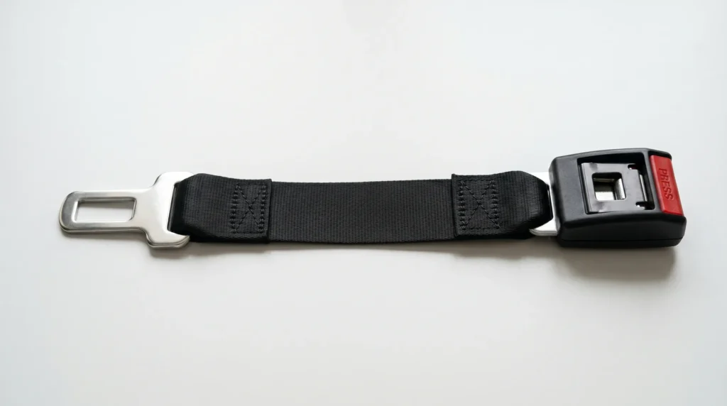Close-up of a certified UK car seat belt extender showing high-strength steel buckle and durable polyester webbing