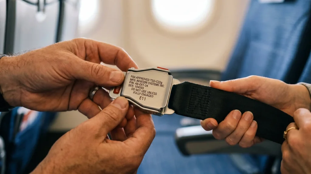 Close-up of hands inspecting a seat belt extender buckle with visible certification markings confirming ISO and UN safety standards