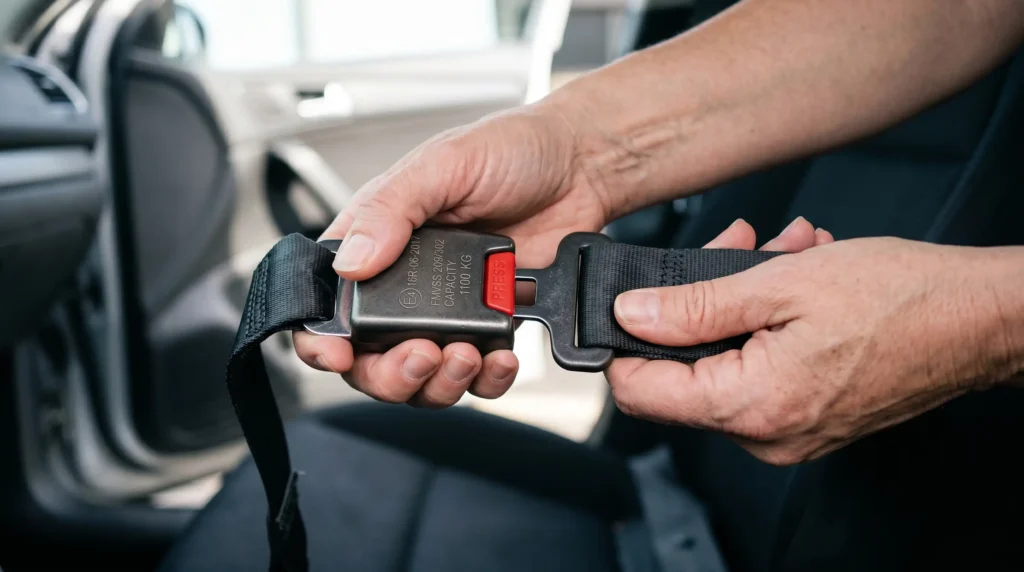 Close-up of two hands inspecting a seat belt extender buckle and webbing strap to verify quality and compatibility before use