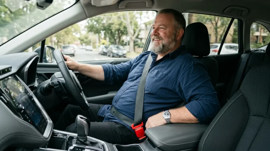 A plus-size driver sitting comfortably in a UK car wearing a legal, certified seat belt extender correctly fitted across the chest and hips