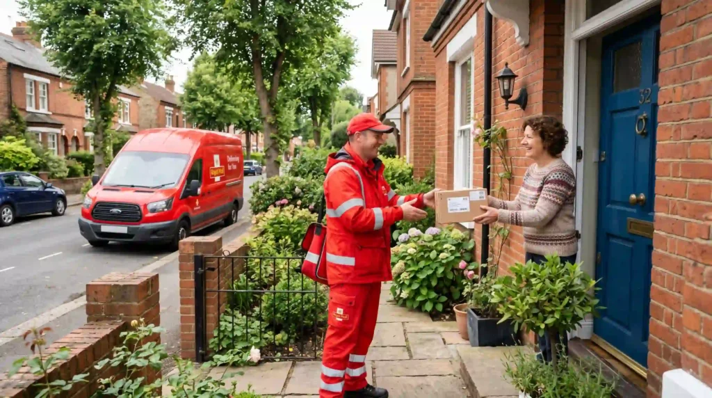 A Royal Mail postman delivering a seat belt extender package to a UK home, representing free and fast domestic shipping
