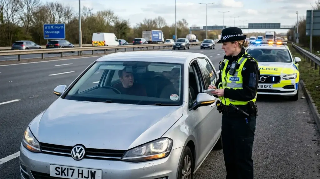 UK police officer pulling over a driver for not wearing a seat belt, representing the legal requirement to wear a seat belt on UK roads
