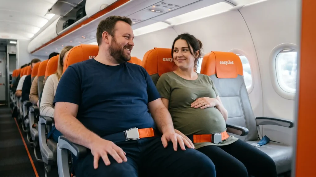 Plus-size male passenger and pregnant female passenger seated comfortably in an EasyJet aircraft cabin both using seat belt extenders with the lap belt worn correctly across the hips and below the abdomen