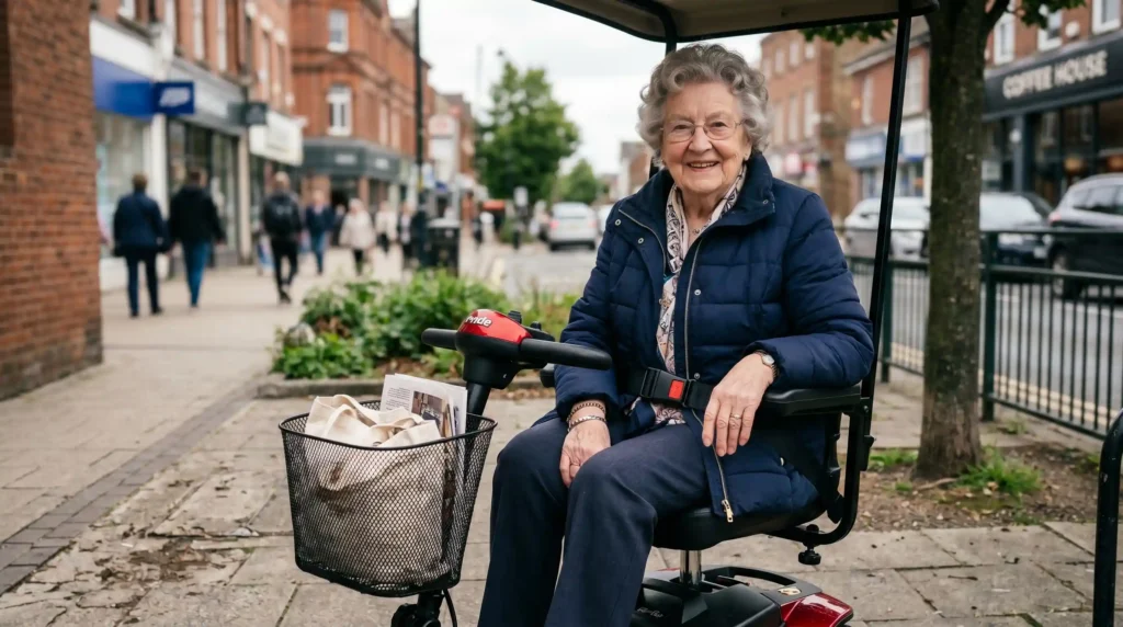 Elderly person seated on a mobility scooter outdoors with a seat belt extender connected at the buckle, securing a lap belt comfortably across their lap