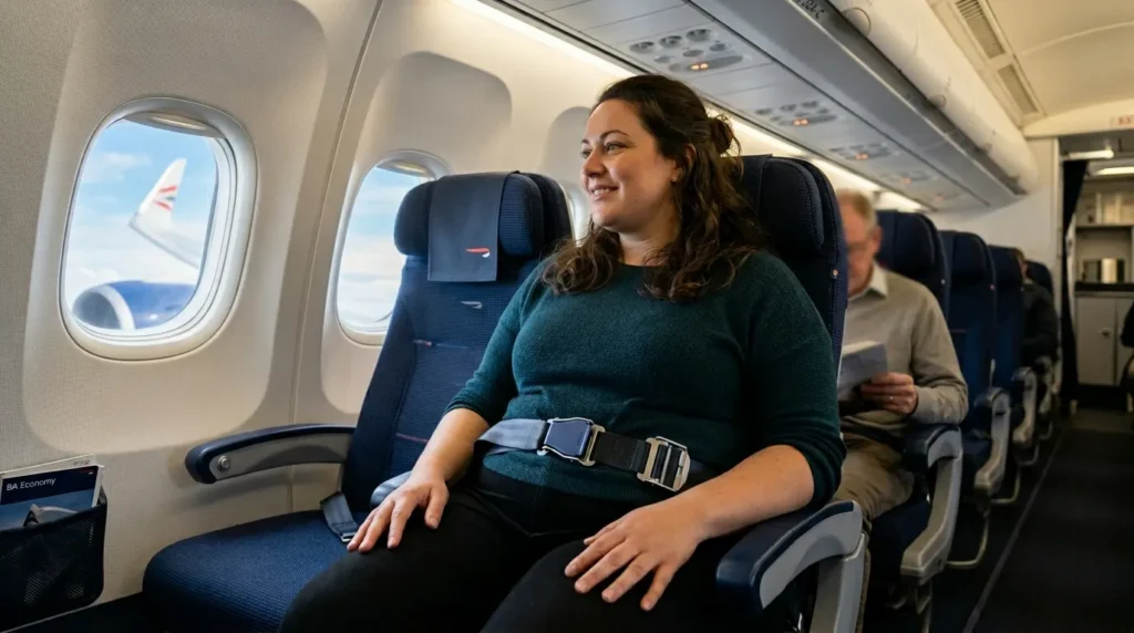 Plus-size female passenger seated comfortably in a British Airways economy seat with a seat belt extender clearly connected at the buckle and the lap belt worn correctly across her hips