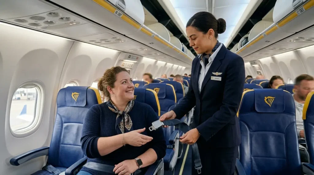 A Ryanair flight attendant discreetly handing a seat belt extender to a plus-size female passenger seated in a blue Ryanair aircraft seat