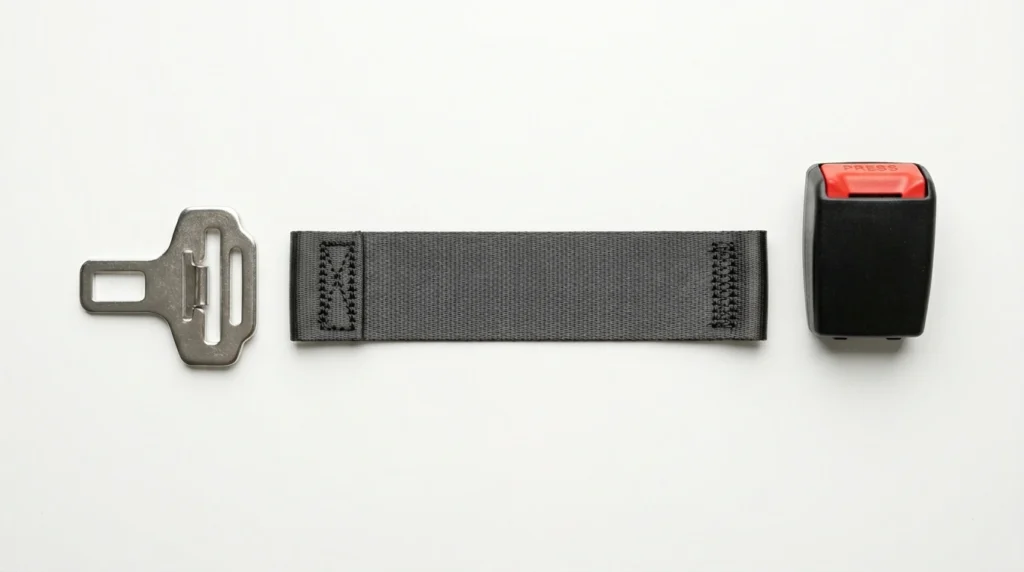 Flat-lay of the three main seat belt extender components, high-strength steel metal tongue, buckle receptacle, and dark grey polyester webbing, laid out separately on a white surface