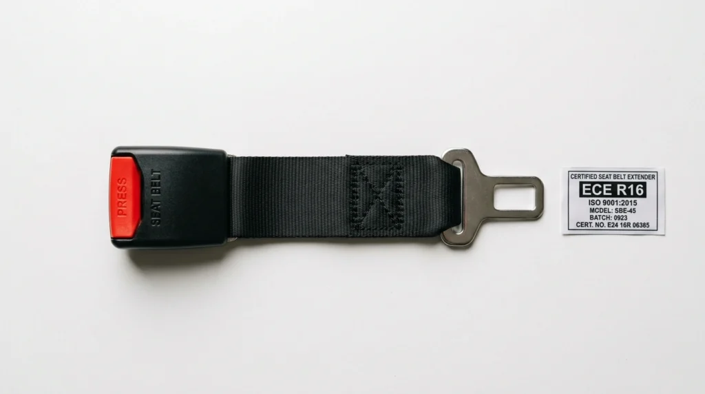 A certified seat belt extender with a red buckle displayed alongside ECE R16 and ISO 9001 certification markings on a white background