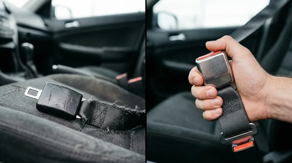 Split image contrasting a cheap uncertified seat belt extender with frayed webbing on a car seat against a certified high quality seat belt extender with a solid metal buckle held in a hand