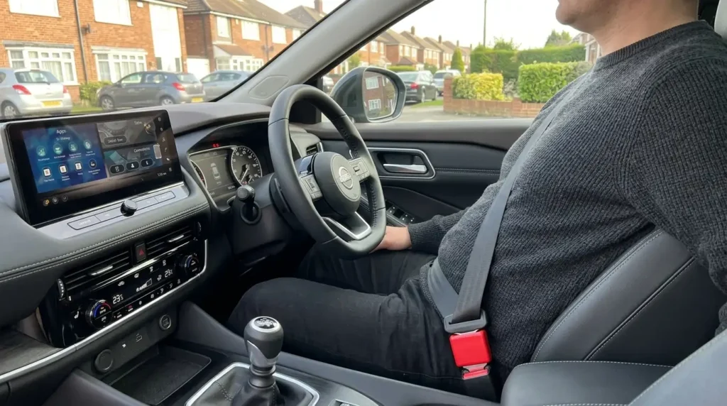 Close-up of a seat belt with an extender correctly fastened across the hips and chest inside a Nissan Qashqai interior
