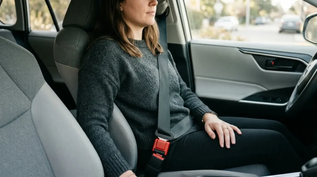 A seat belt with an extender correctly positioned with the lap belt low across the hips and shoulder belt crossing the chest inside a UK car