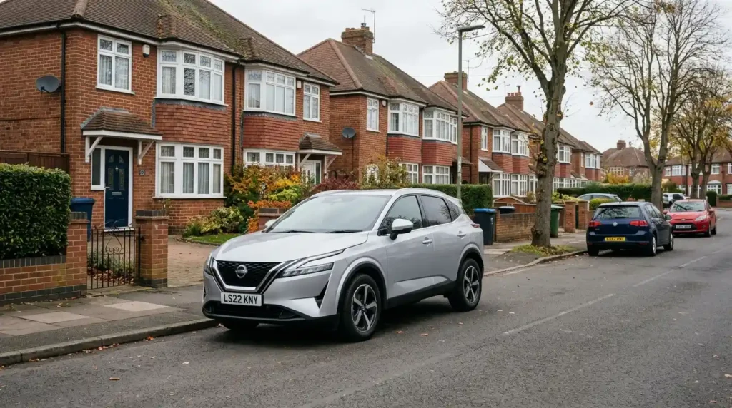A silver Nissan Qashqai parked on a UK suburban street, representing one of the UK's most popular SUVs