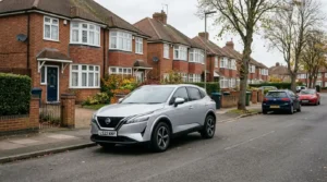 A silver Nissan Qashqai parked on a UK suburban street, representing one of the UK's most popular SUVs